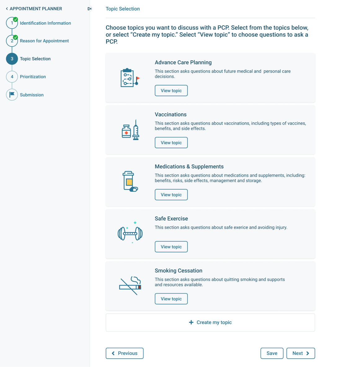 Select topics to discuss with a primary care provider