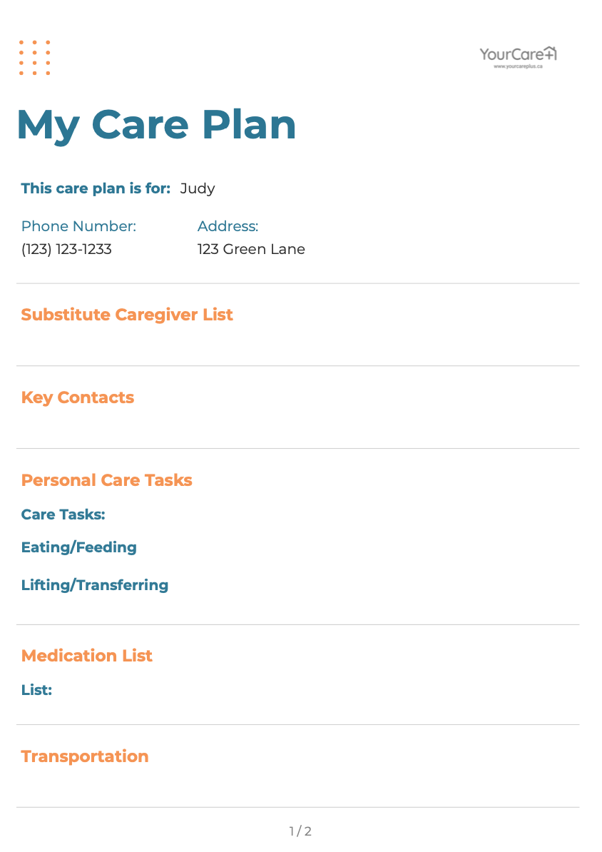 Output: Printable care plan sheets